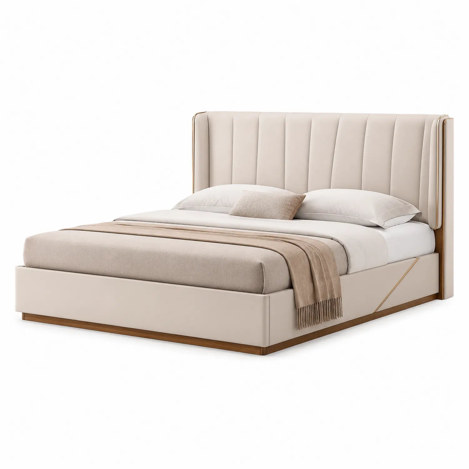 Łóżko tapicerowane prostokątne 160 cm x 200 cm tkanina poliester beżowe MDF i sklejka rama drewnopodobna naturalne drewno 176 cm x 218 cm x 120 cm