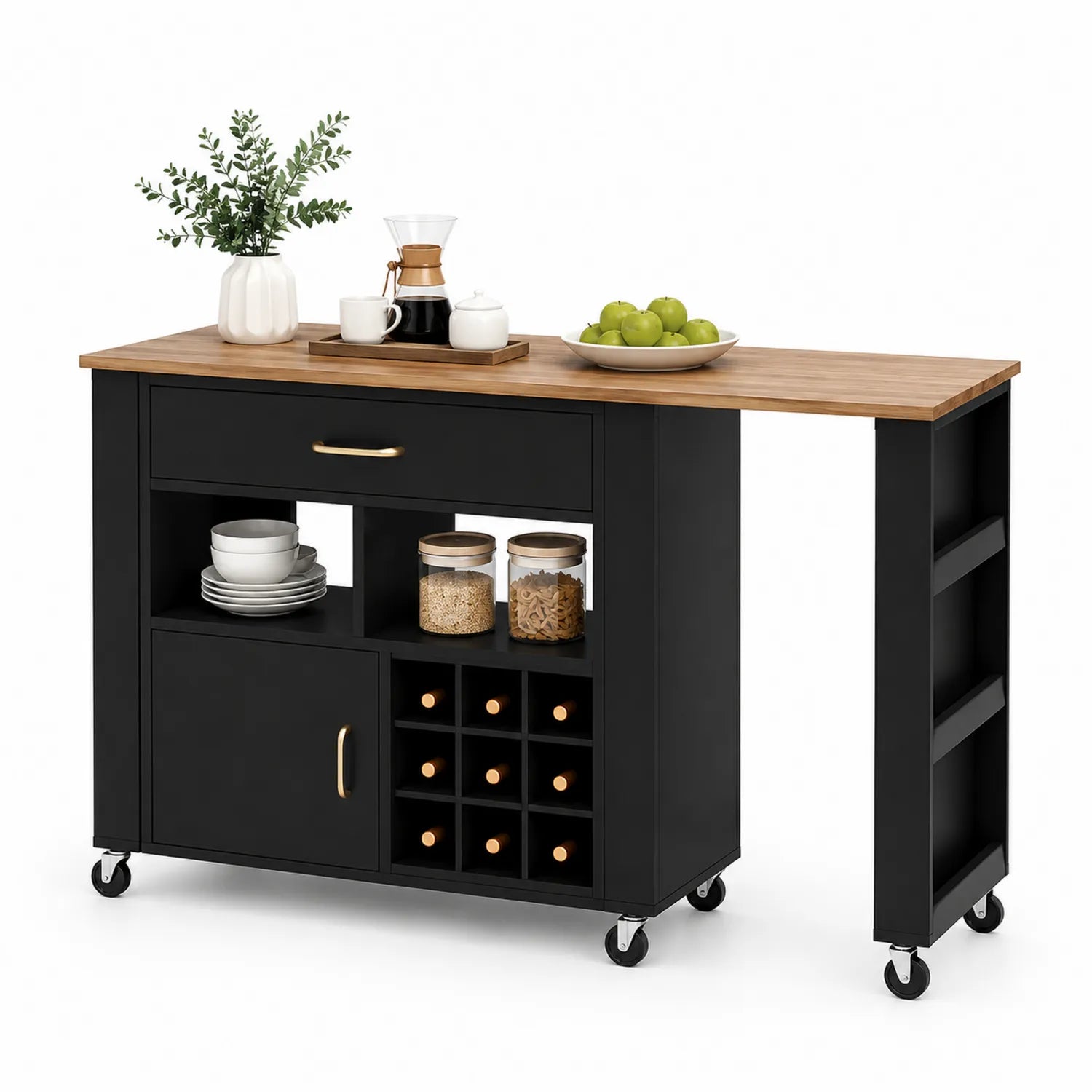 Wyspa kuchenna mobilna około 120 x 40 x 90 cm MDF laminowany blat drewnopodobny dąb jasny czarna konstrukcja stalowa na kółkach