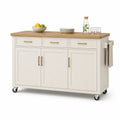 Wyspa kuchenna na kółkach 120 cm x 45 cm x 90 cm MDF drewno kauczukowe blat drewniany 3 szuflady 3 drzwi kremowy naturalny dąb złote uchwyty