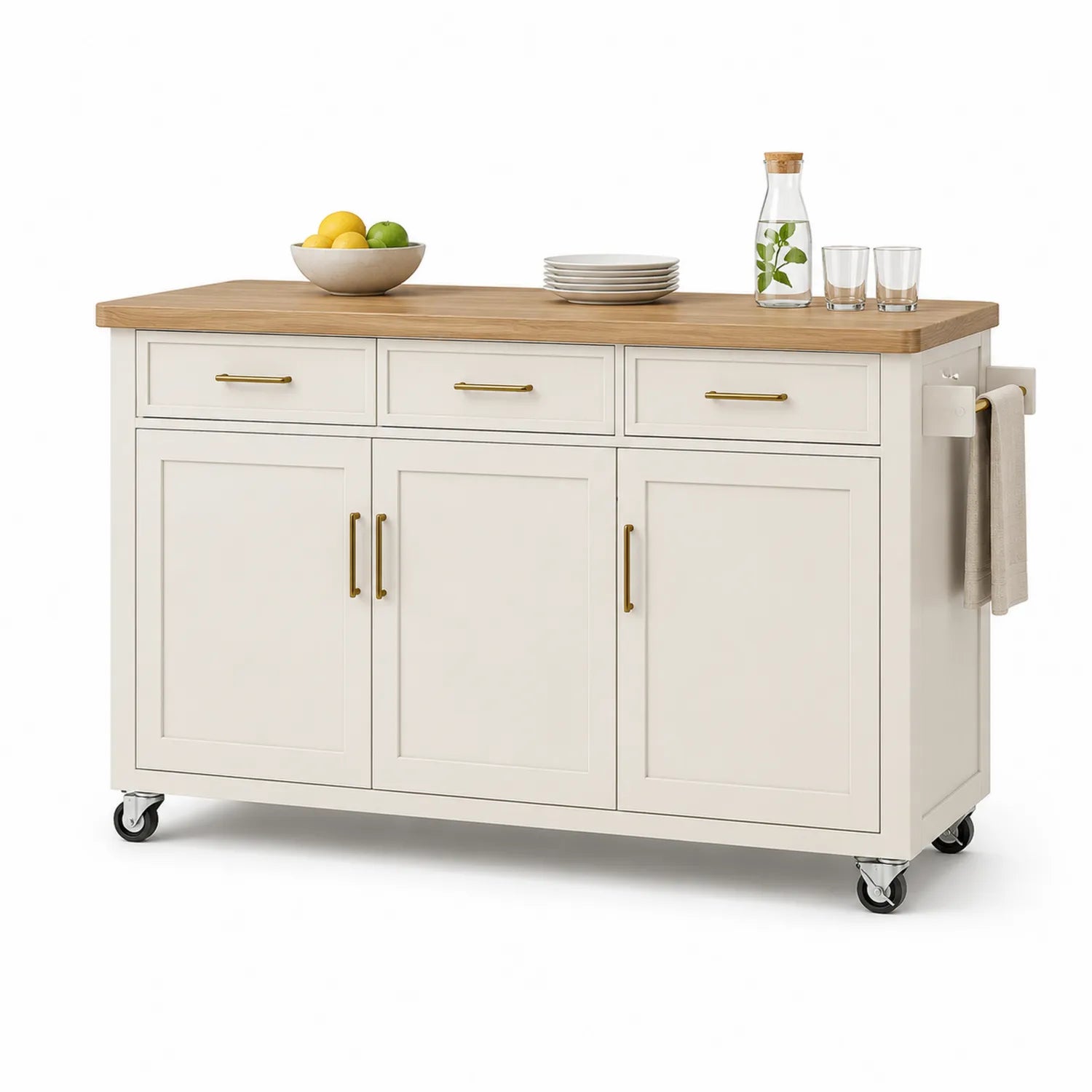 Wyspa kuchenna na kółkach 120 cm x 45 cm x 90 cm MDF drewno kauczukowe blat drewniany 3 szuflady 3 drzwi kremowy naturalny dąb złote uchwyty