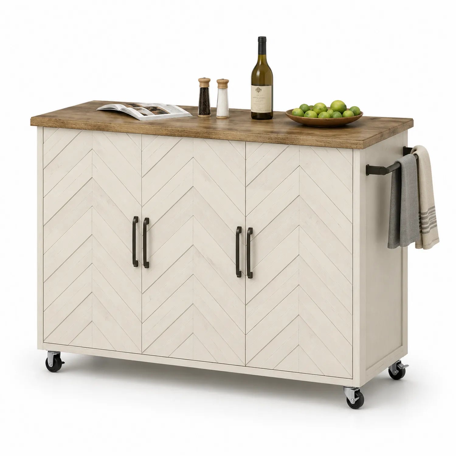 Wyspa kuchenna na kółkach 120 cm x 50 cm x 90 cm MDF blat drewniany prostokątna biało dąb czarna
