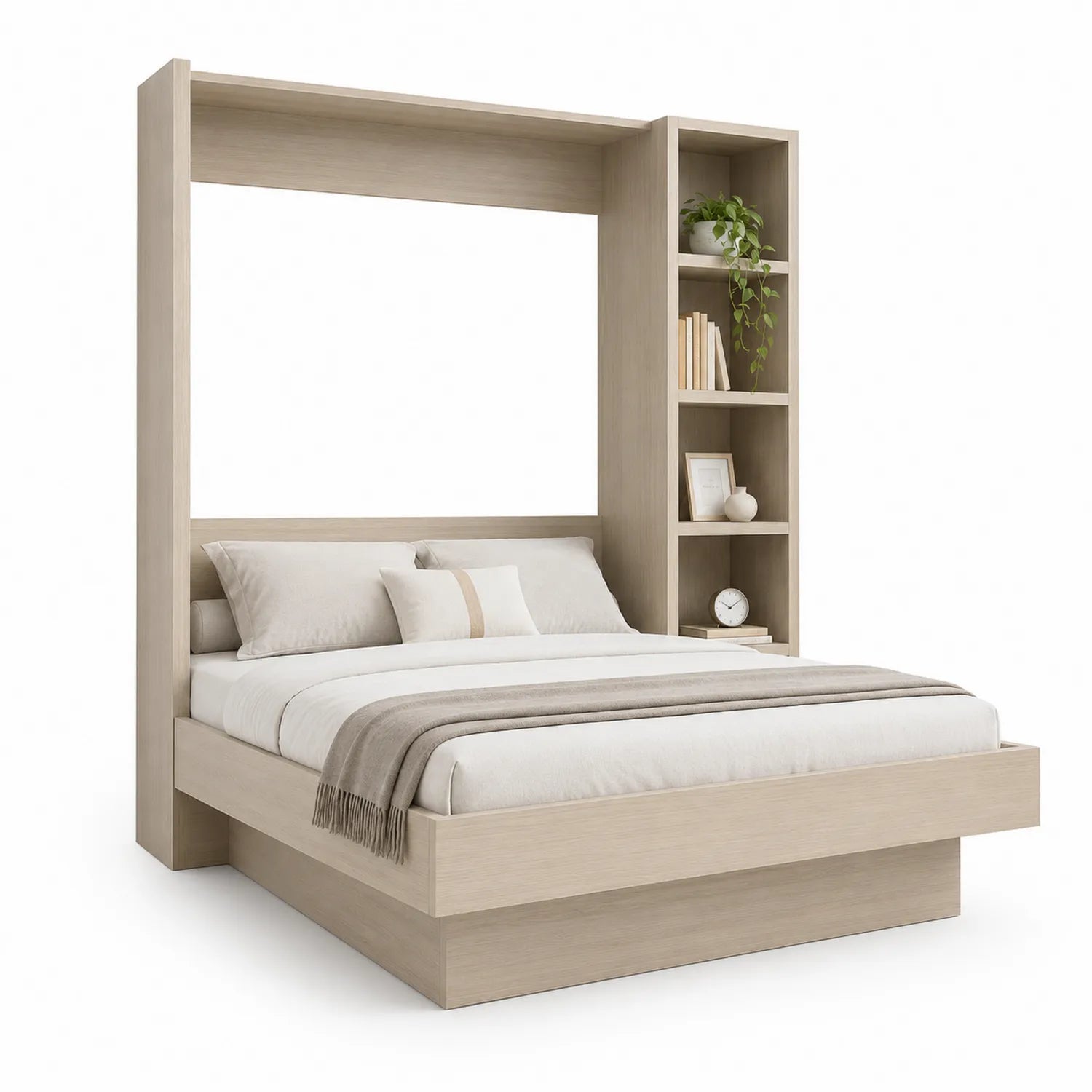 Łóżko dwuosobowe 160 cm x 200 cm z nadstawką i regałem bocznym płyta laminowana MDF prostokątne jasny dąb 218 cm x 230 cm x 220 cm