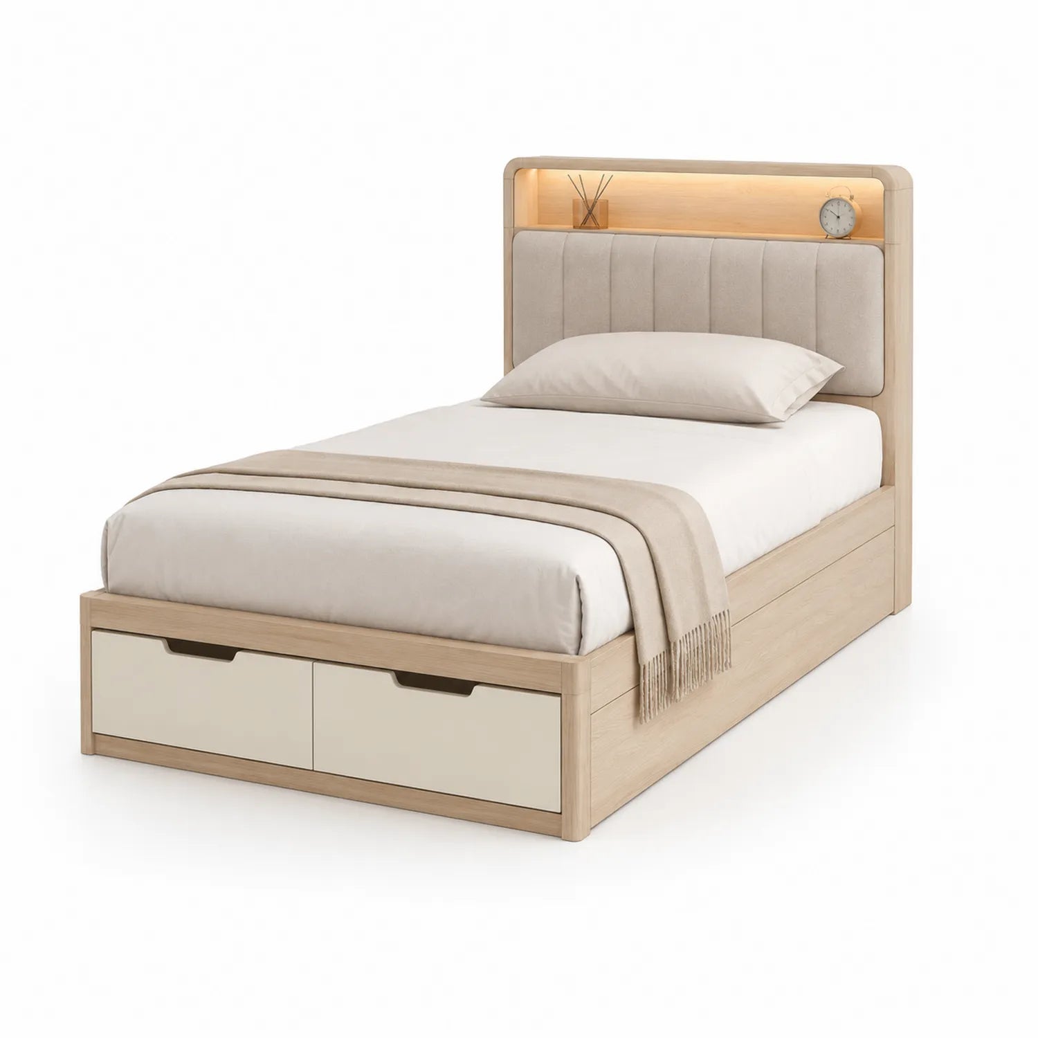 Łóżko jednoosobowe 90 cm x 200 cm z szufladami i podświetlanym zagłówkiem z płyty MDF prostokątne jasny dąb beżowe 210 cm x 105 cm x 125 cm