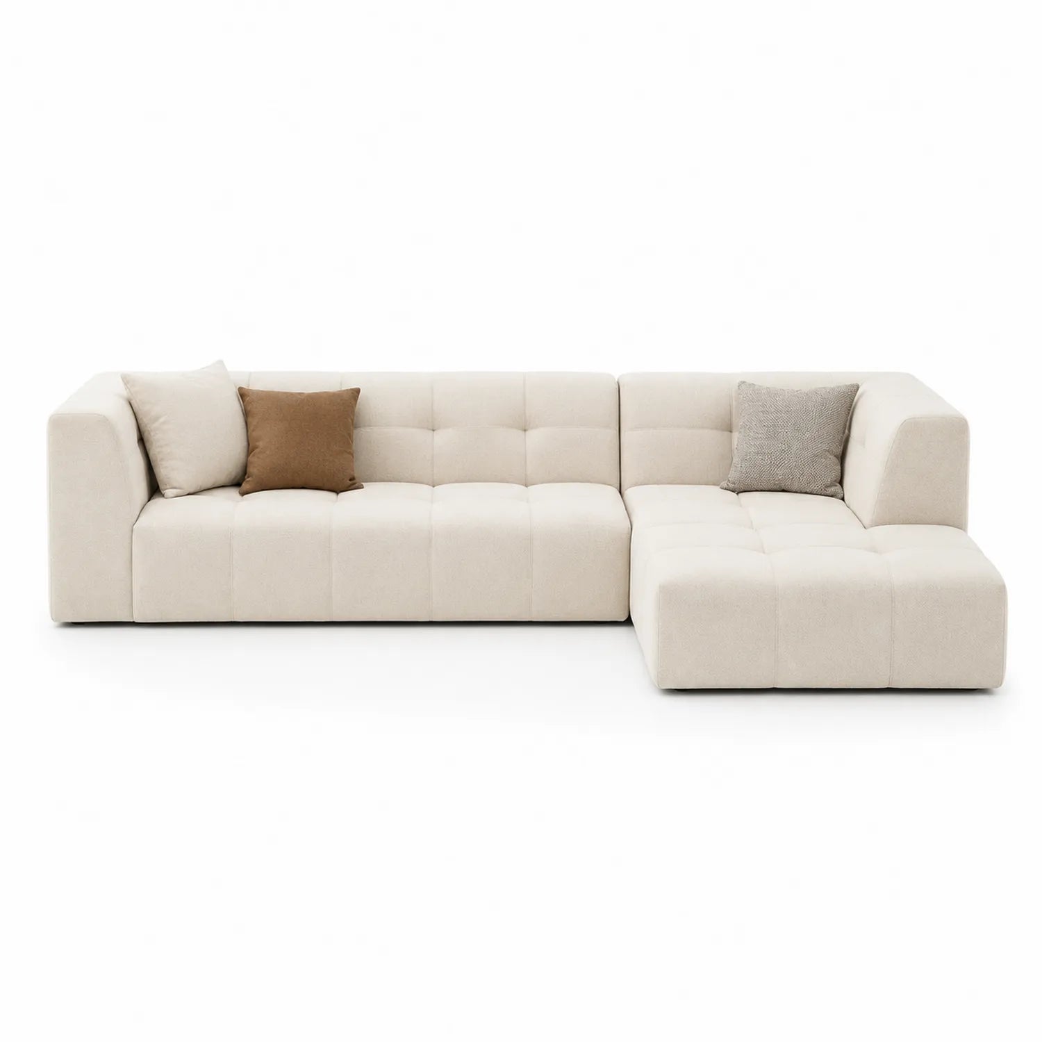 Sofa narożna L 310 x 180 x 72 cm tapicerowana tkanina poliestrowa beżowa szezlong prawostronny nowoczesna