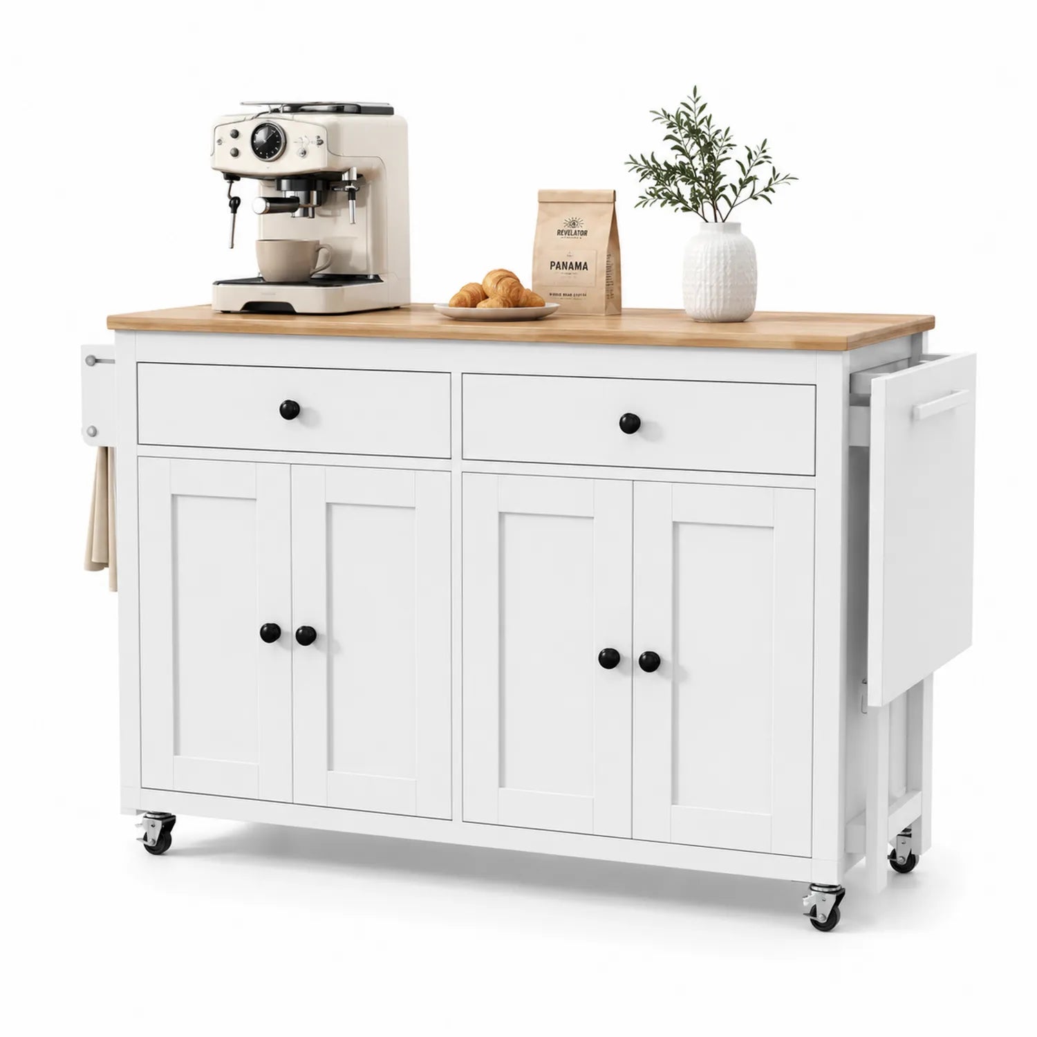 Wyspa kuchenna na kółkach 140 cm x 46 cm x 90 cm MDF blat z drewna kauczukowego prostokątna biała naturalne drewno czarne elementy