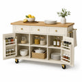 Wyspa kuchenna na kółkach 120 cm x 50 cm x 90 cm MDF blat z drewna kauczukowego 3 szuflady 2 drzwi kremowy naturalny dąb złote uchwyty