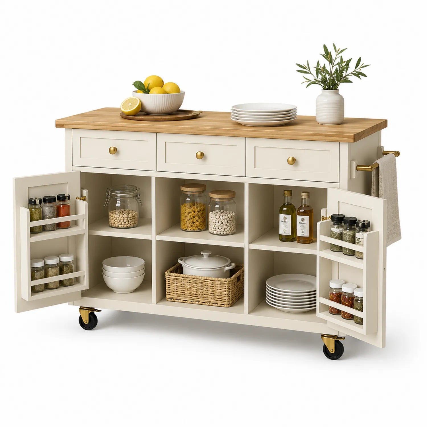 Wyspa kuchenna na kółkach 120 cm x 50 cm x 90 cm MDF blat z drewna kauczukowego 3 szuflady 2 drzwi kremowy naturalny dąb złote uchwyty
