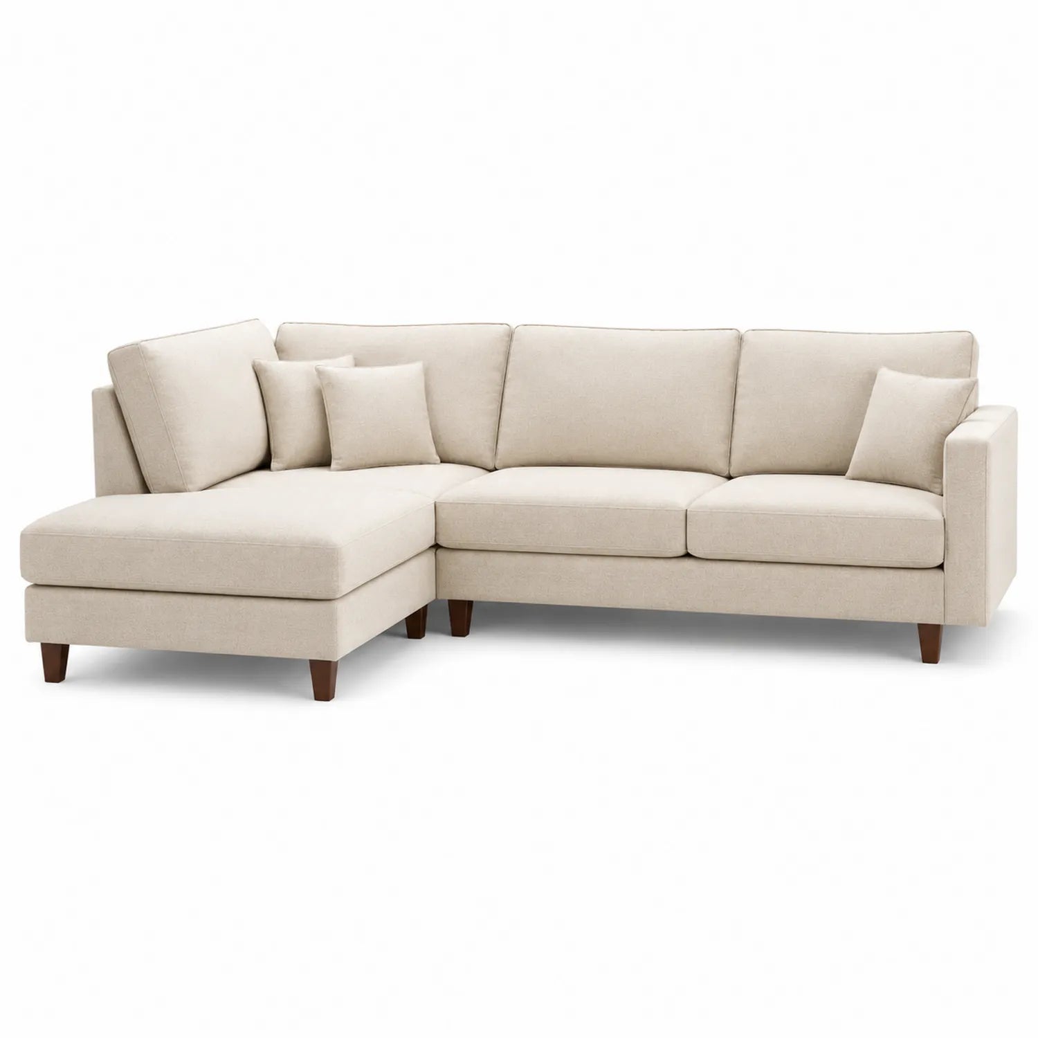 Sofa narożna L 275 x 165 x 85 cm tkanina poliestrowa beżowa szezlong lewostronny nogi drewniane ciemnobrązowe