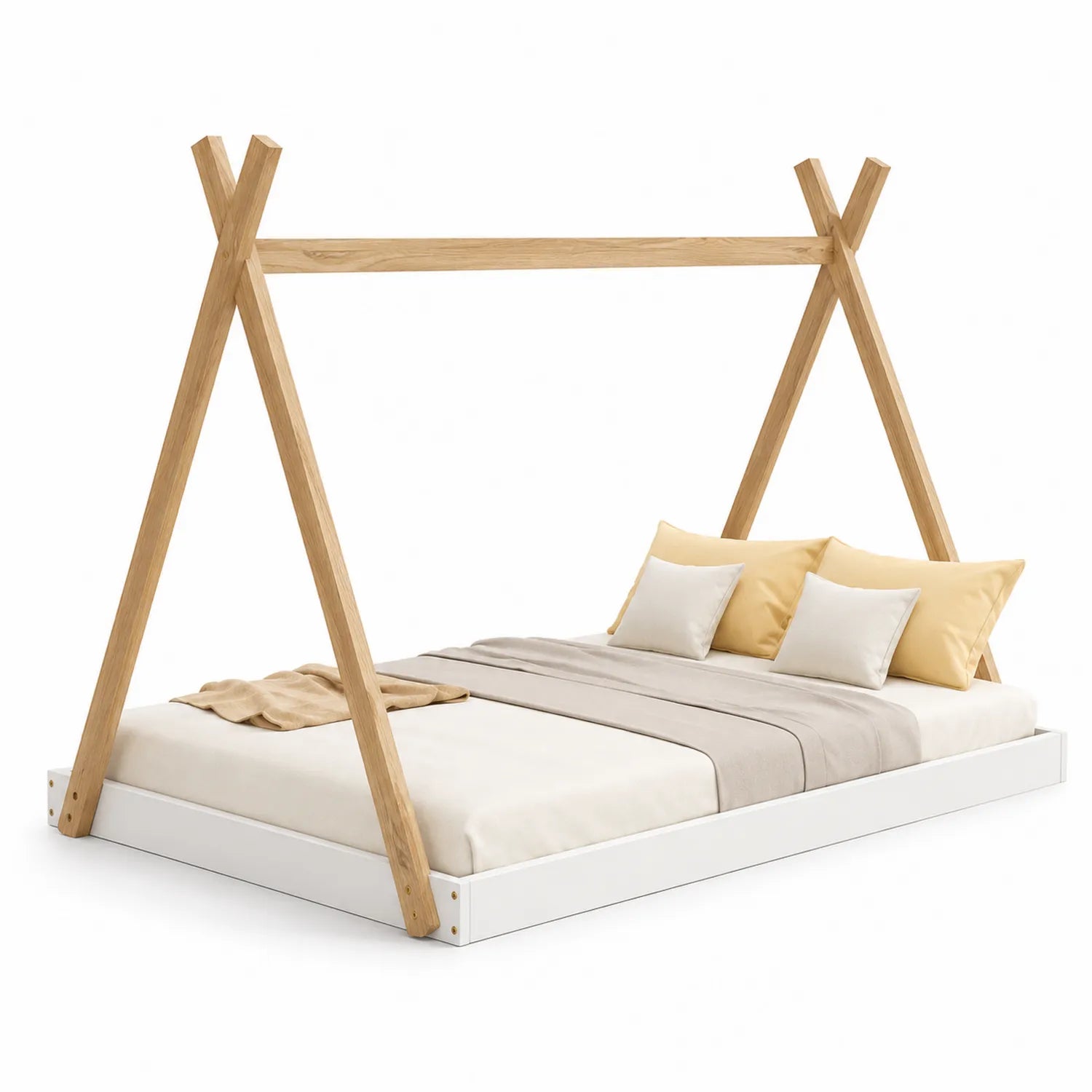 Łóżko tipi drewniane 160x200 cm rama A lite drewno i MDF naturalne białe prostokątne z baldachimem