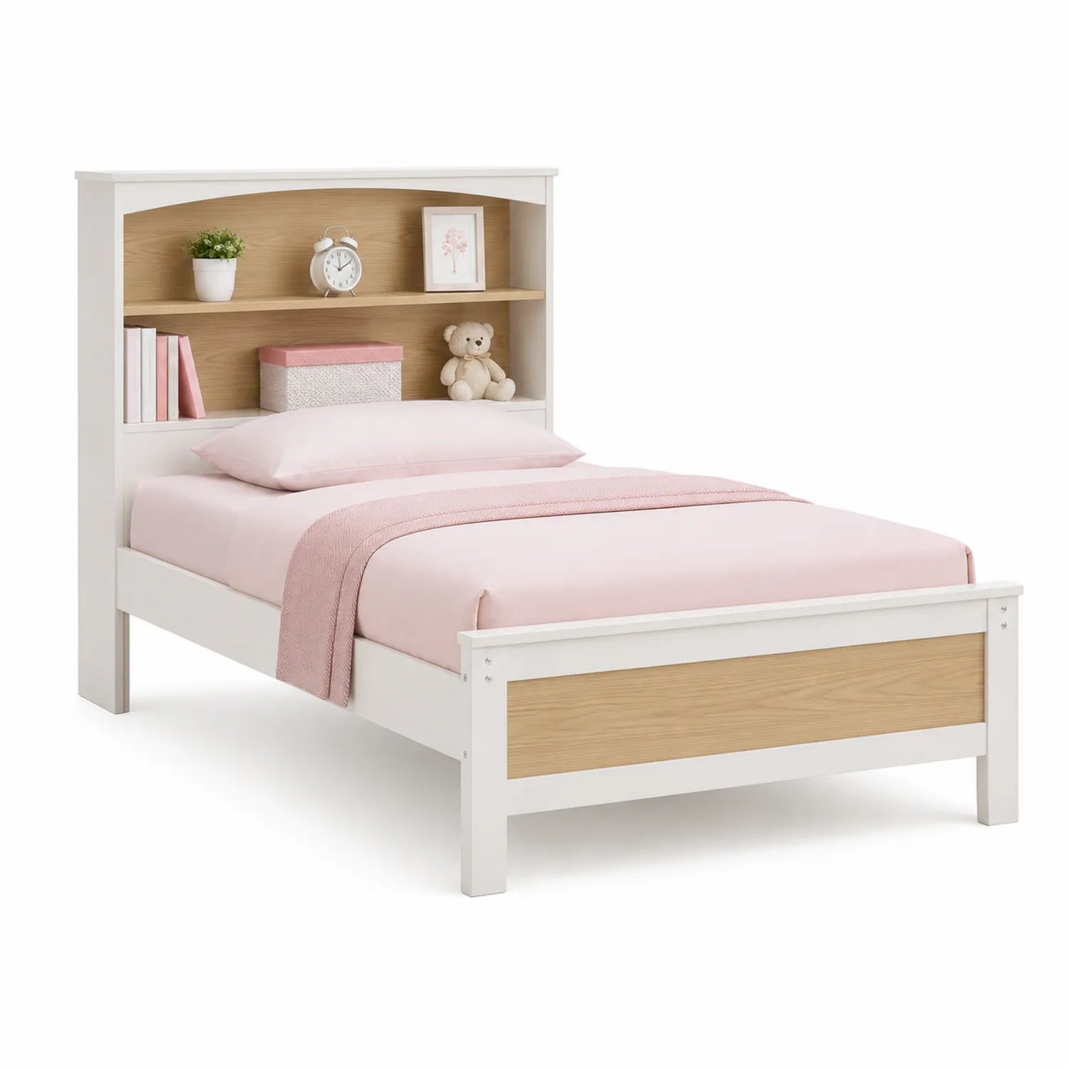 Łóżko dziecięce 90 cm x 200 cm rama MDF z półkami i zagłówkiem prostokątne biały jasny dąb
