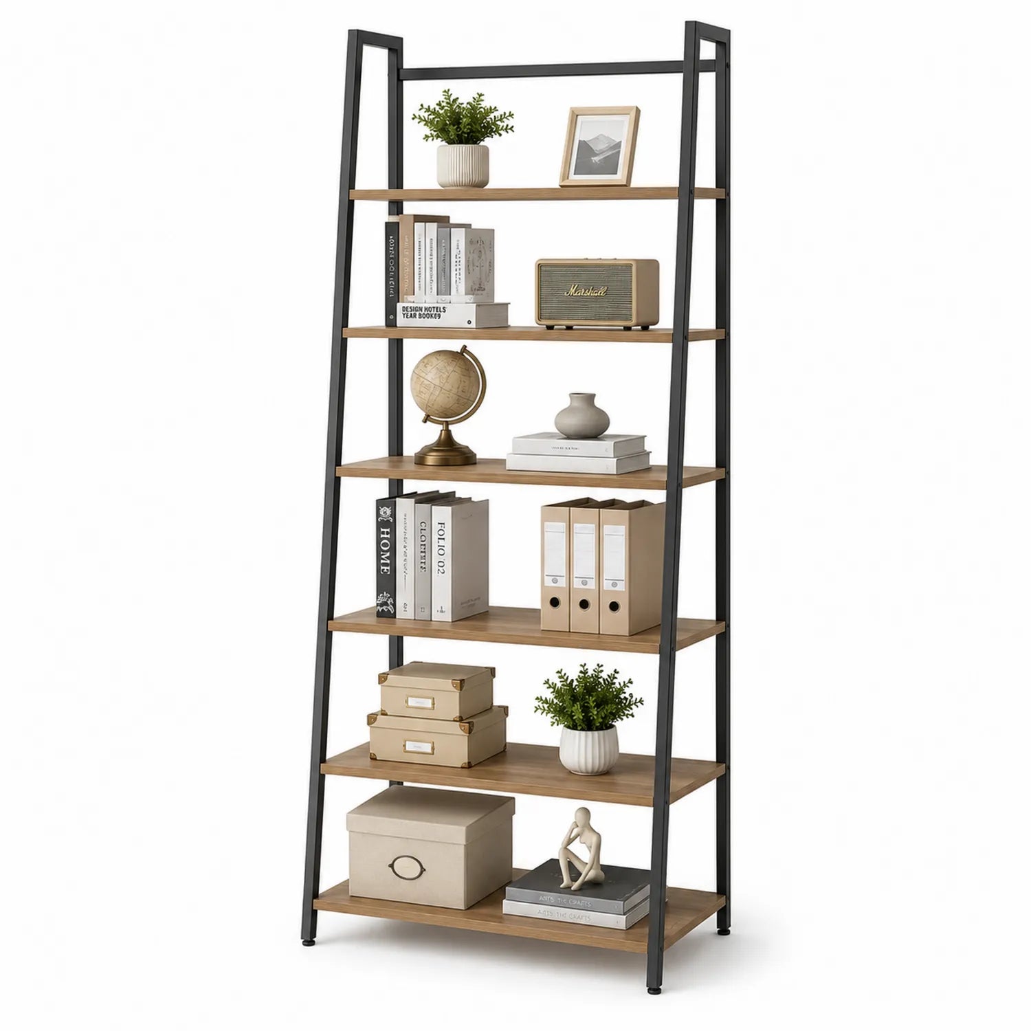 Regał stojący 5 półek regał biblioteczka płyta wiórowa laminowana stal malowana proszkowo trapezowy jasny dąb czarny 80 cm x 30 cm x 180 cm