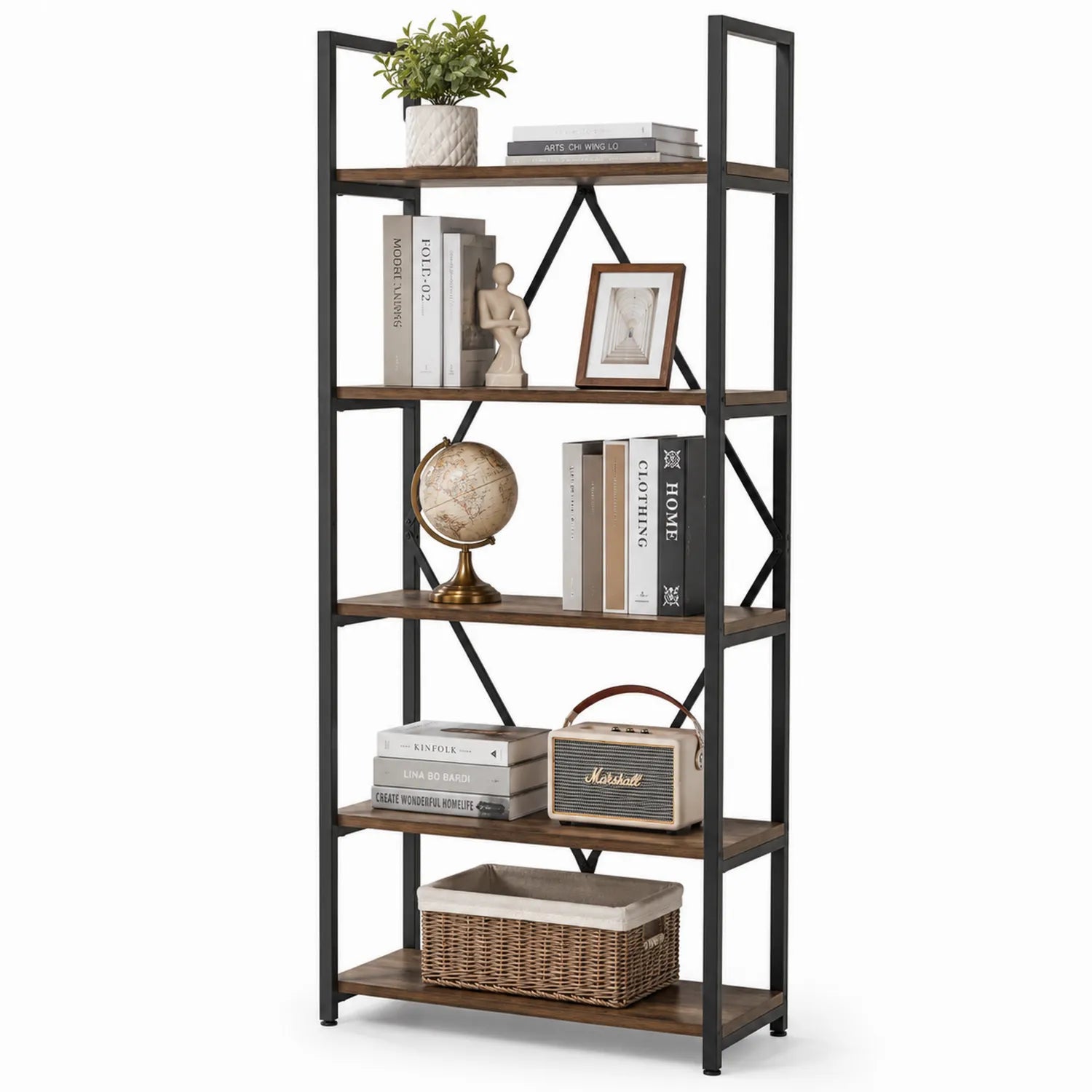 Regał stojący 5 poziomów stal malowana MDF fornir drewniany czarny orzechowy 160 cm x 80 cm x 30 cm