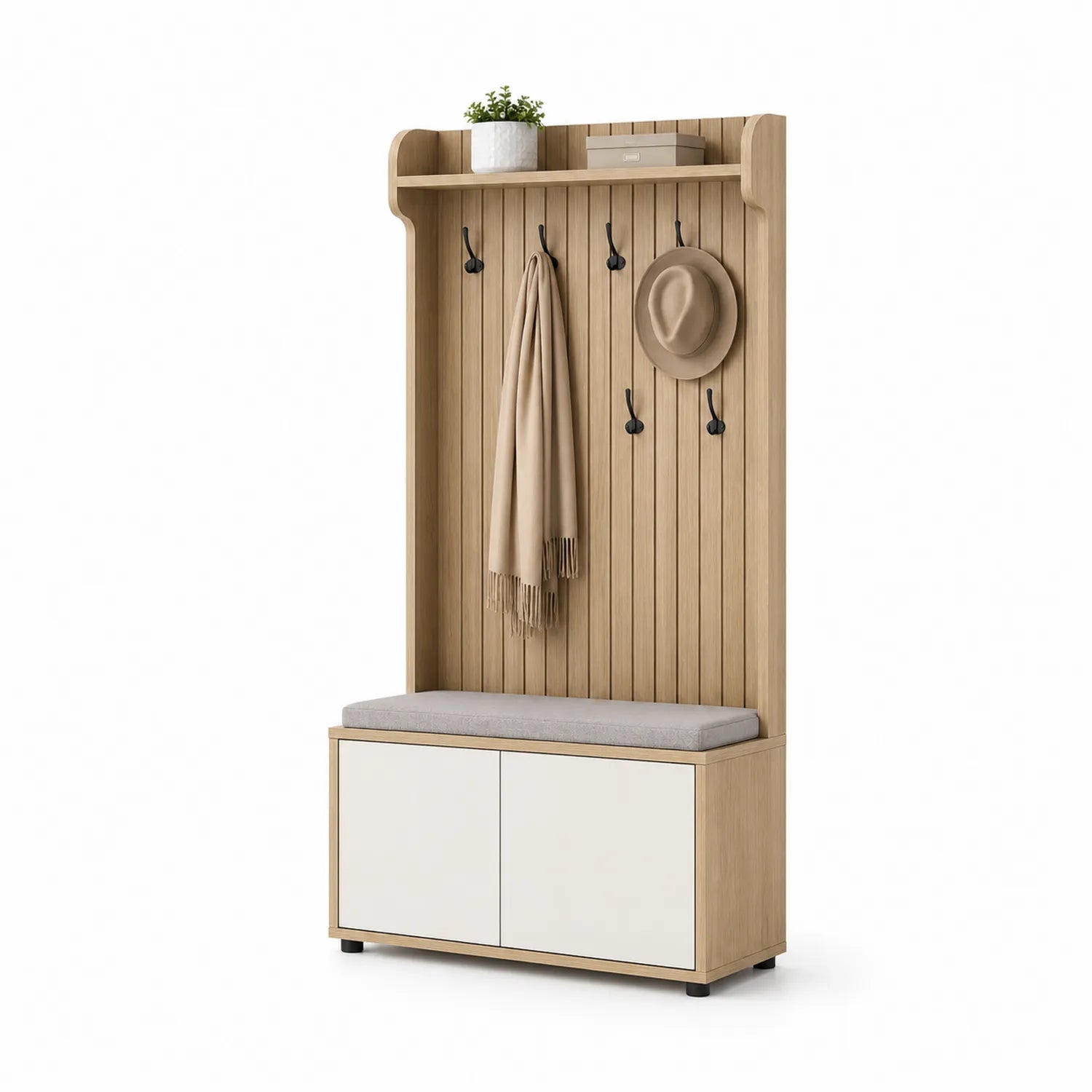 Wieszak do przedpokoju z ławką i szafką 80 x 40 x 180 cm MDF drewno naturalne biały szary czarne haczyki