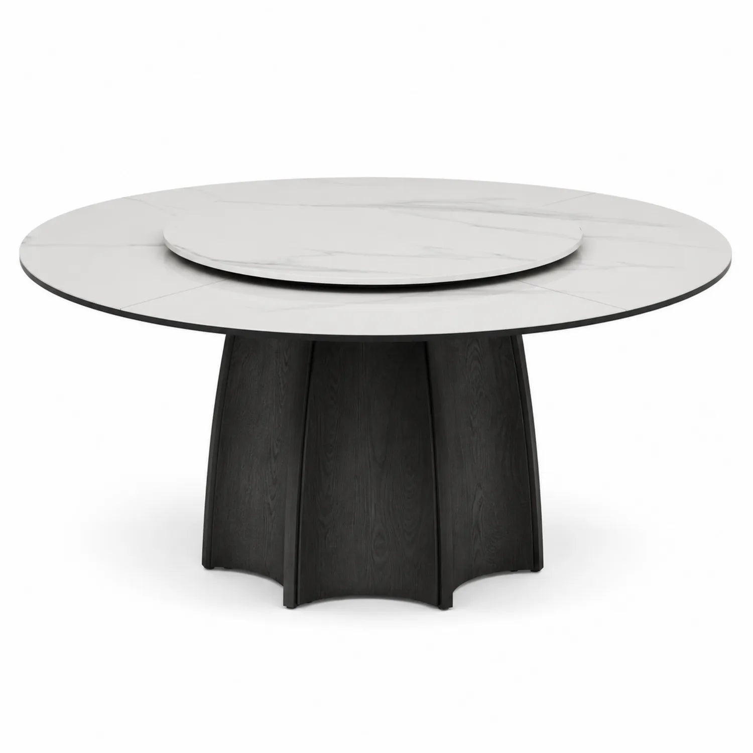 Stół jadalniany okrągły obrotowy 135 cm x 76 cm MDF spiek kwarcowy efekt białego marmuru czarny szary