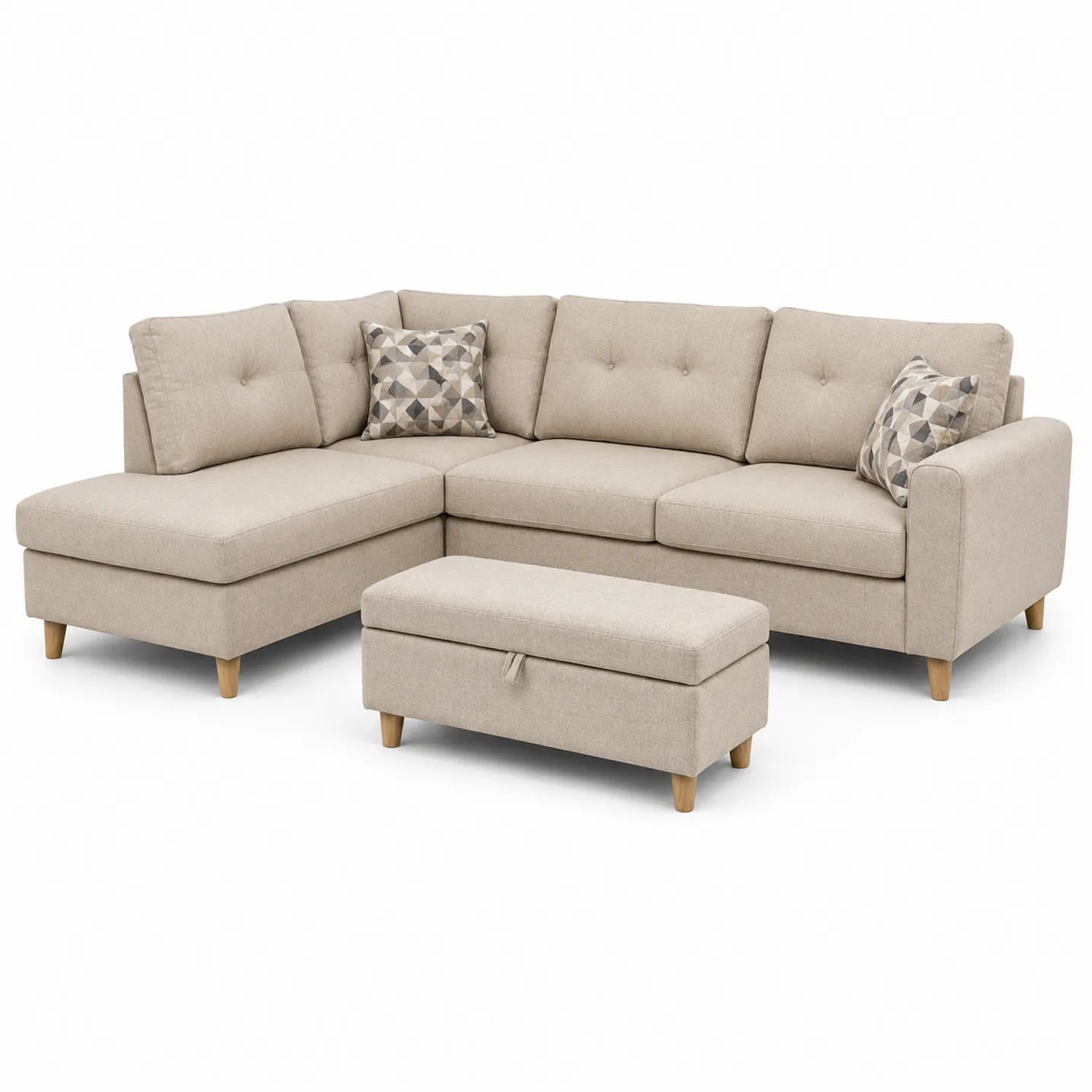 Sofa narożna L 280 cm x 170 cm x 86 cm tkanina poliestrowa beżowa z szezlongiem lewostronnym i pufą