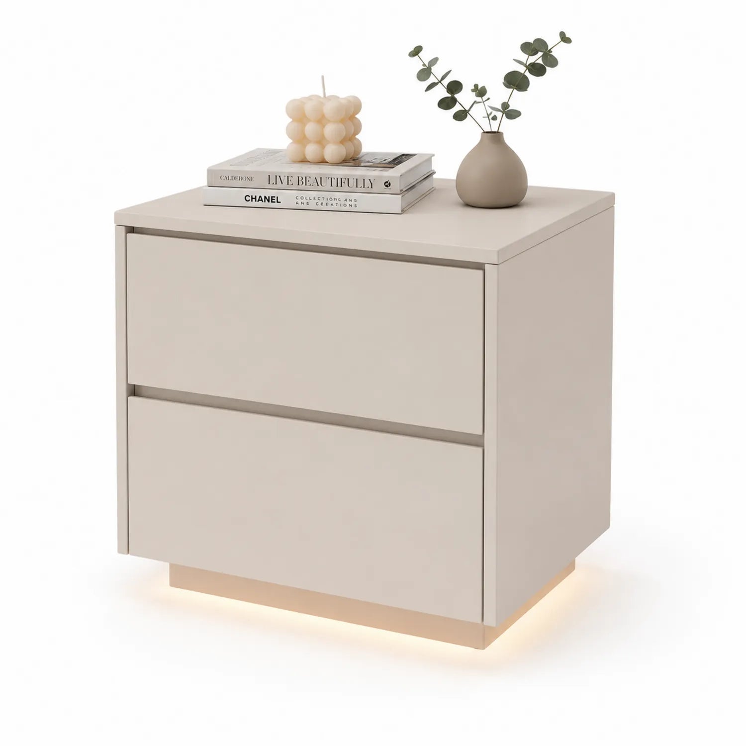 Szafka nocna 50x40x50 cm MDF beżowa z 2 szufladami i podświetlaną złotą podstawą