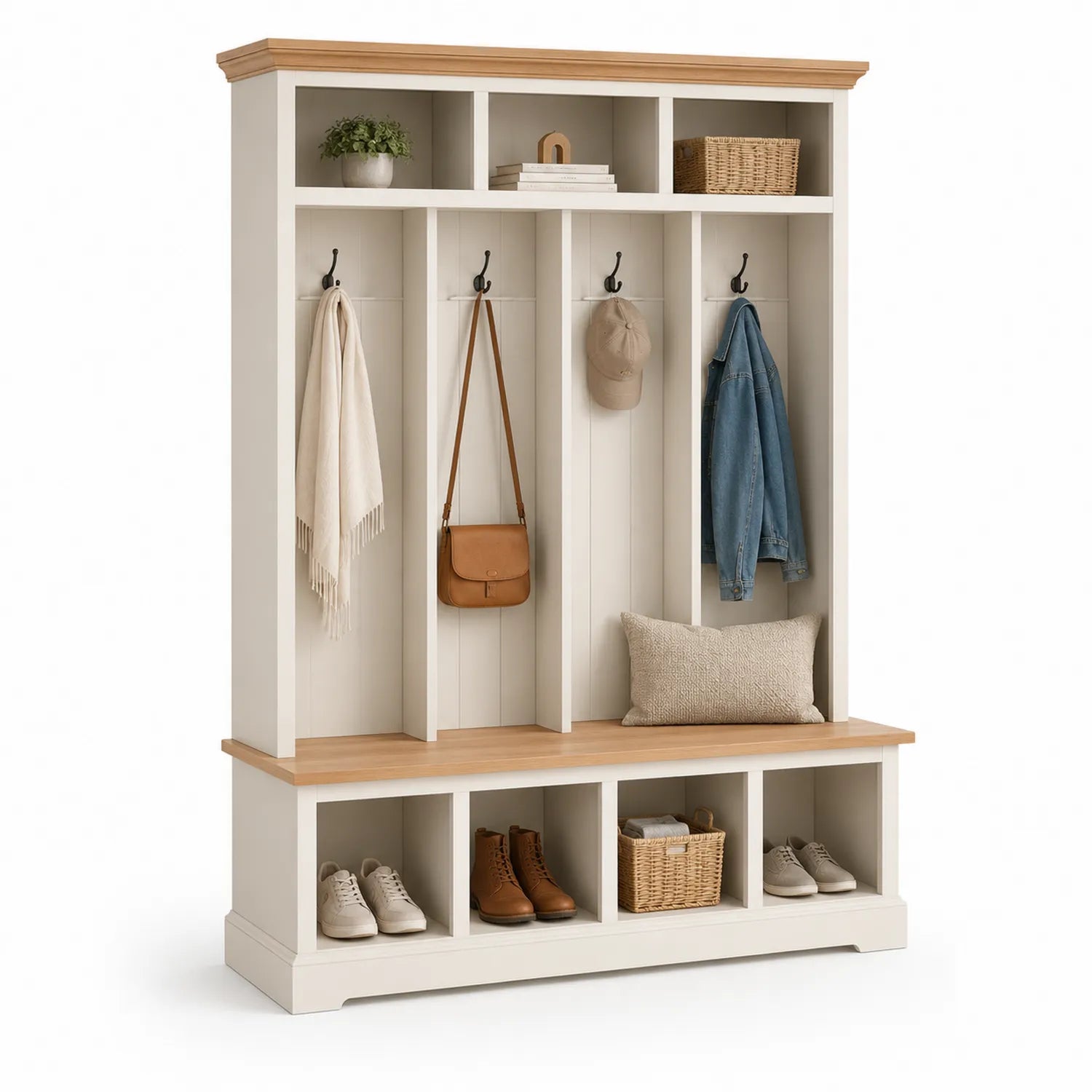 Wieszak do przedpokoju z ławką i półkami 150 x 40 x 210 cm MDF HDF stal malowana proszkowo kremowy dąb naturalny czarny