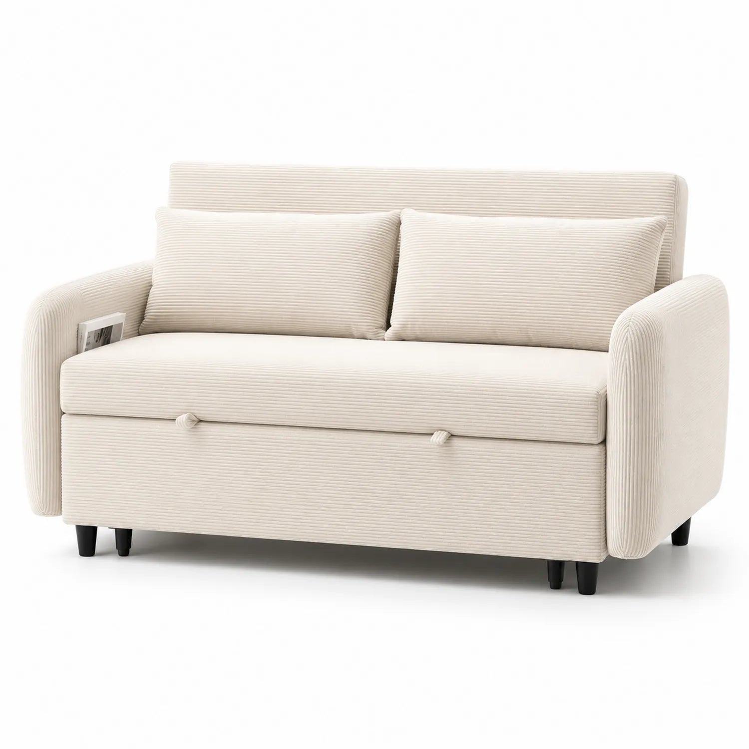 Sofa 2-osobowa rozkładana 150 cm x 88 cm x 86 cm tkanina sztruksowa kremowa z funkcją spania i pojemnikiem