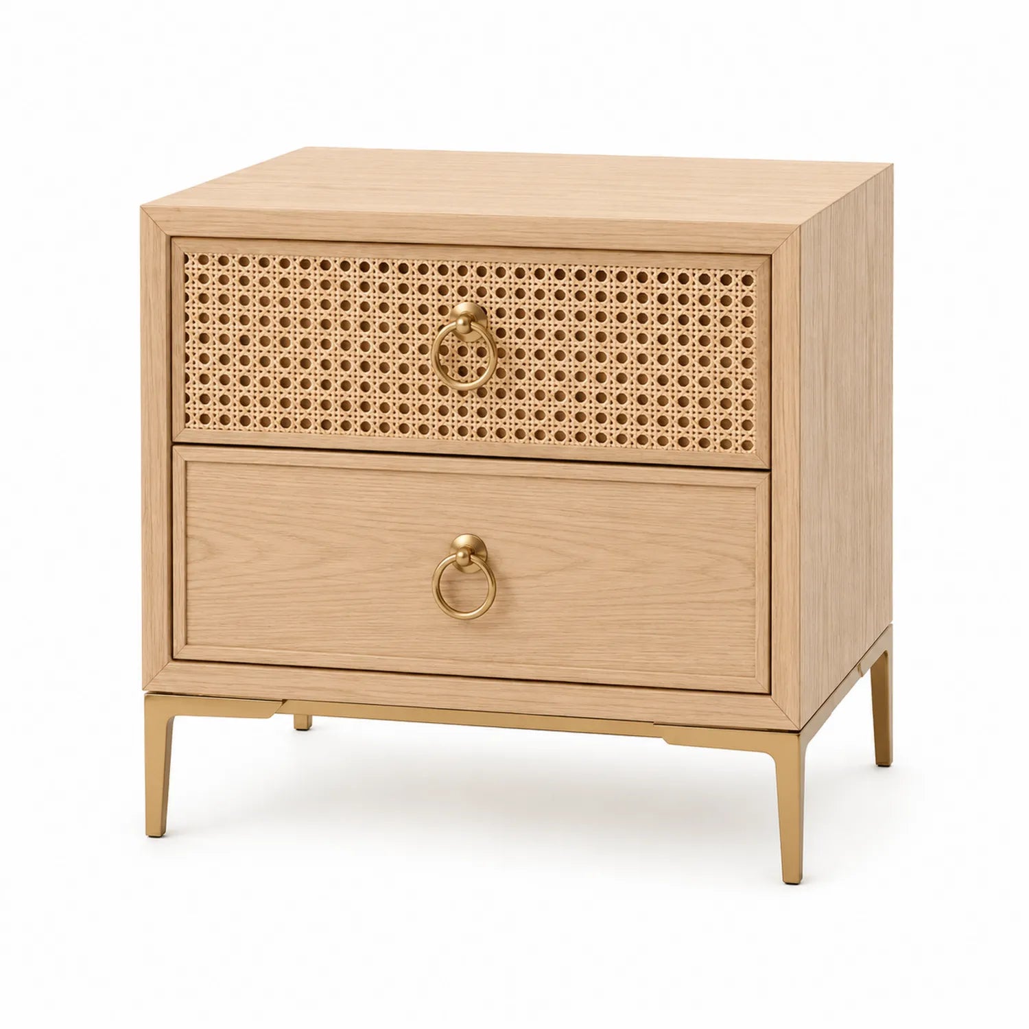 Szafka nocna 50 x 40 x 55 cm MDF fornir dębowy i rattan 2 szuflady prostokątna jasny dąb złote elementy