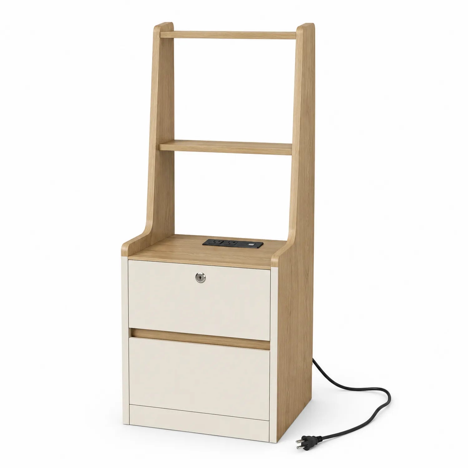 Szafka nocna MDF naturalne drewno i biały 50 cm x 40 cm x 60 cm z 2 szufladami otwartą półką i gniazdami elektrycznymi