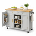 Mobilna wyspa kuchenna z kółkami 145 cm x 48 cm x 90 cm MDF blat drewno kauczukowe szary naturalne drewno złoty