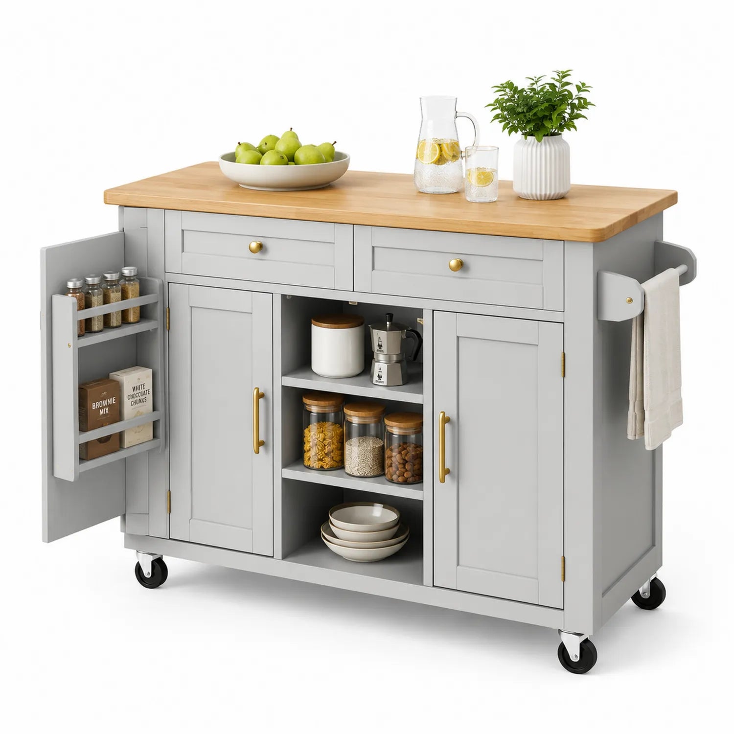 Mobilna wyspa kuchenna z kółkami 145 cm x 48 cm x 90 cm MDF blat drewno kauczukowe szary naturalne drewno złoty