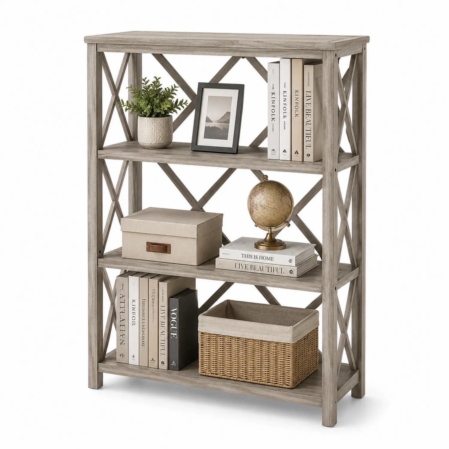 Regał prostokątny 4 poziomy MDF laminowany regał biblioteczka konstrukcja krzyżowa dąb szary jasnoszary 120 cm x 100 cm x 30 cm