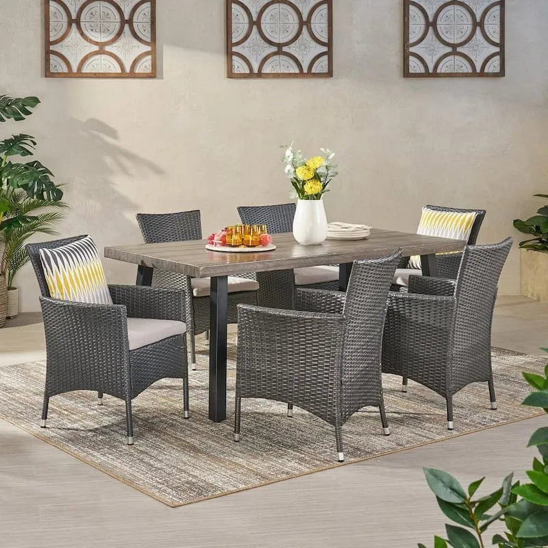 7-elementów rattan prostokątny Patio do użytku na zewnątrz jadalnia zestaw 7- kawałek, Pointe, Grey