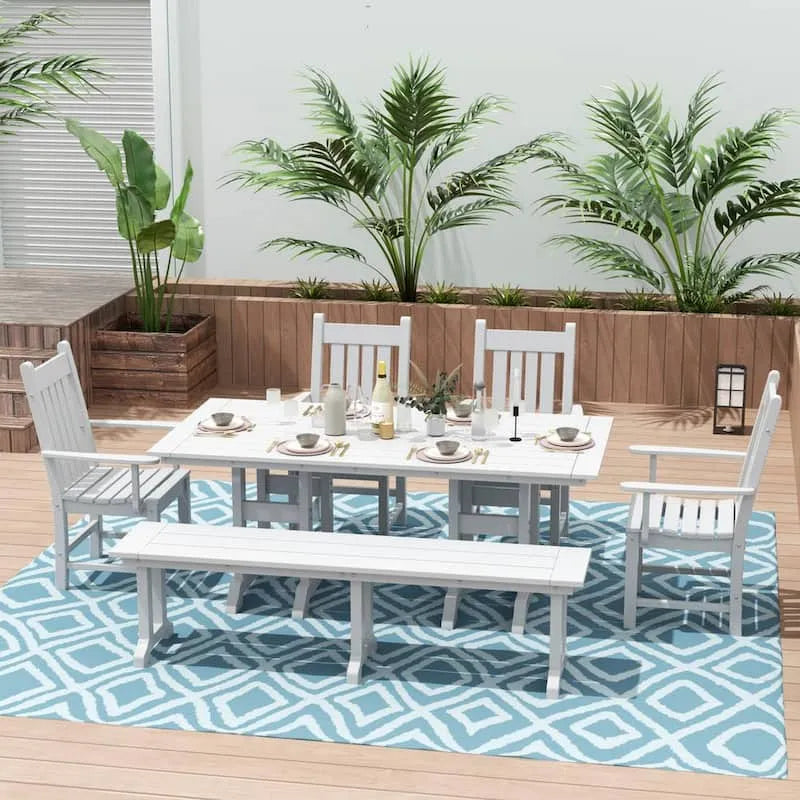 6-elementów HDPE Plastic do użytku na zewnątrz Patio prostokąt Tabela 6-kawałek, Hayes, biały