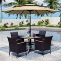 elementów Metal Patio Zestawy jadalne 6-elementów, Parasol i krzesła rattan z Blue poduszki, Czarny, Drewno