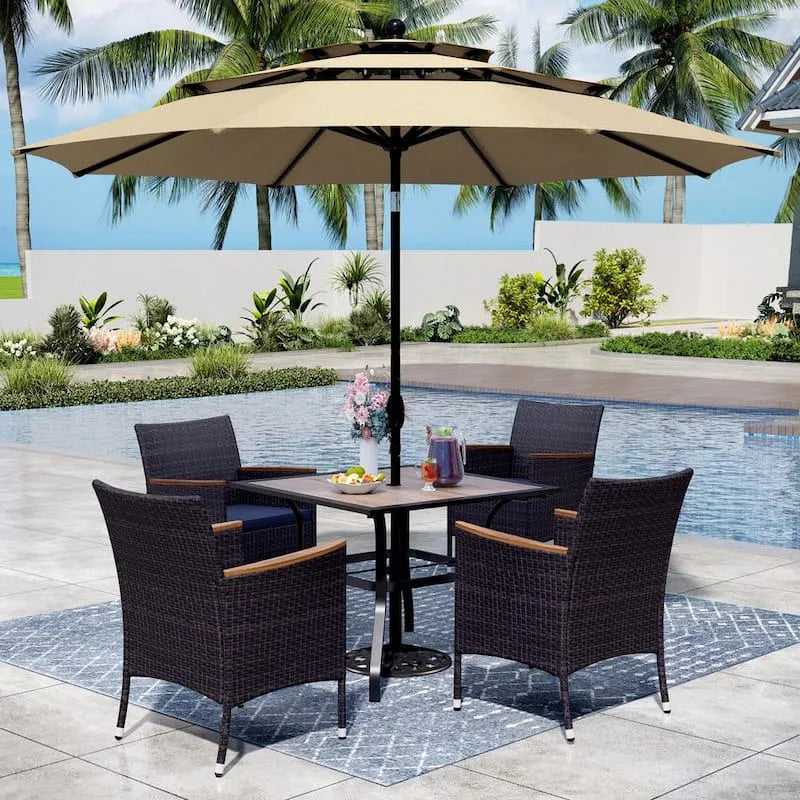 elementów Metal Patio Zestawy jadalne 6-elementów, Parasol i krzesła rattan z Blue poduszki, Czarny, Drewno