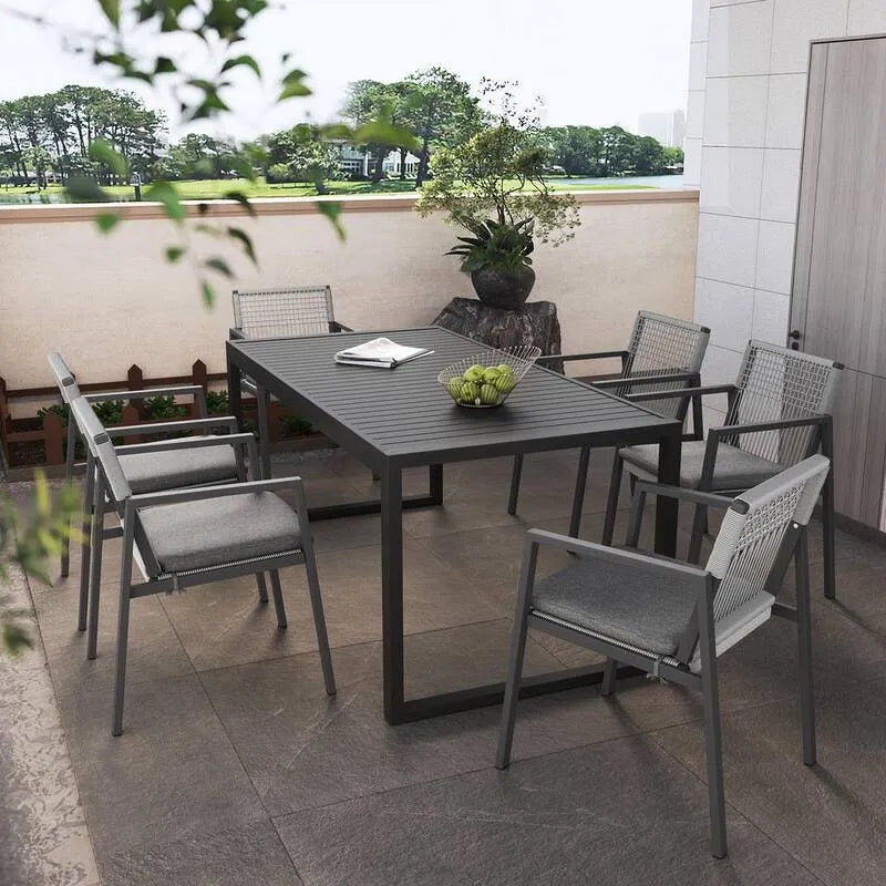 6-Chairs 7-elementów Zestaw do obiadu aluminiowego 7-częściowy, odporny na rustową pracę Premium Stolik i 6-krzeseł z tkaną liną