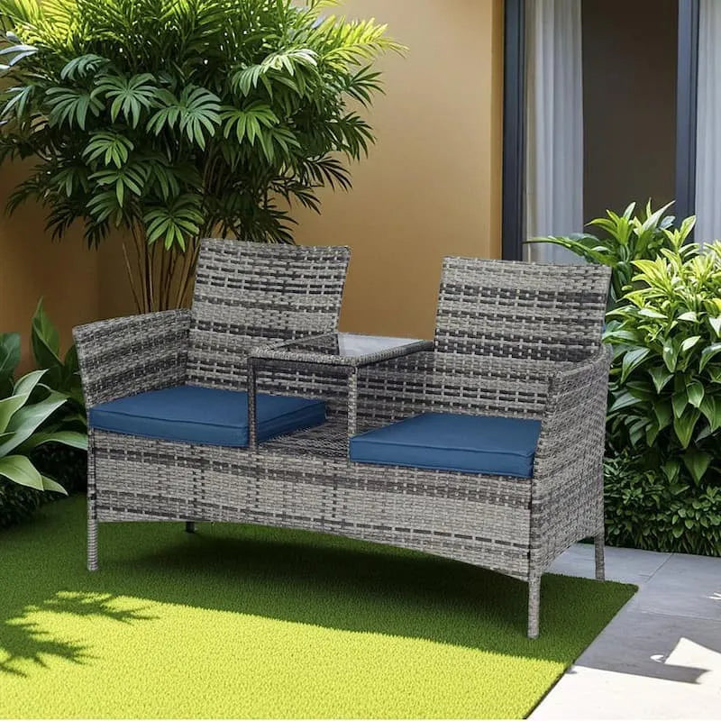 2-Seat Wiklinowy do użytku na zewnątrz dwuosobowa sofa ogrodowa Patio Rozmowa Zestaw 2-Siedzenie, Szary, Niebieski