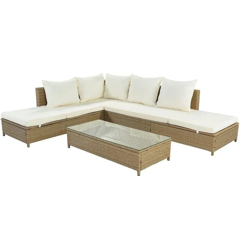 3 szt. Naturalny brązowy wiklinowy zewnętrzny modułowa Set 3 -Kawałki, Regulowany Chaise Lounge hartowany szkło Stół, Beż