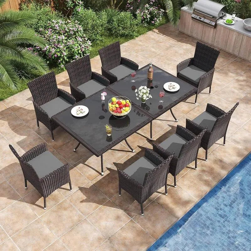 10-elementów Plac technorattan Patio do użytku na zewnątrz Zestaw jadalny 10- Kawałek, 3,8 cm, Szary poduszki, Parasol Hole