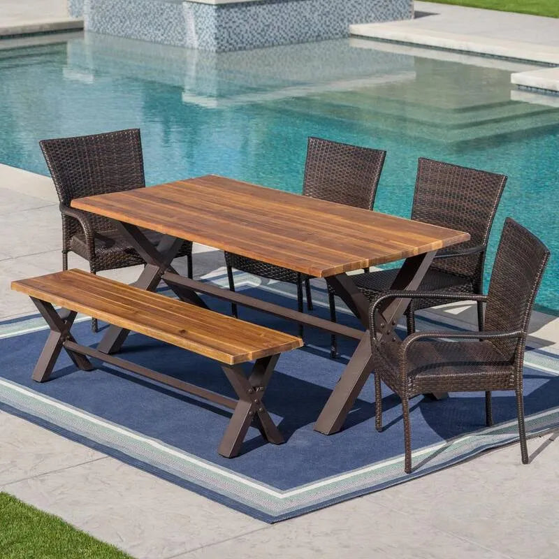 6-elementów Żelazo Prostokątny do użytku na zewnątrz Patio Jadalnia Zestaw 6- kawałek, Teak, Brown technorattan, Drewno
