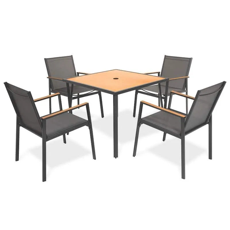 5-elementów Sling Square Slatted do użytku na zewnątrz Jadalnia zestaw 5- Kawałek, czarny