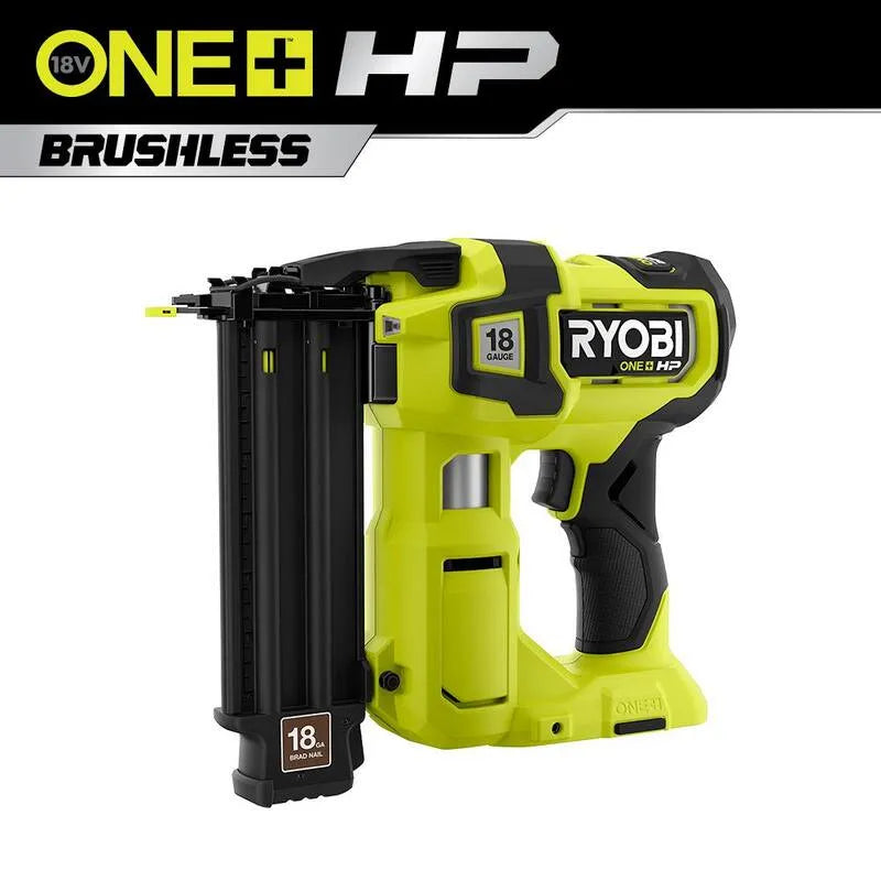 18-Gauge RYOBI 18- Gauge, 18V, Bezprzewodowy projekt, Tylko narzędzie, One + HP 18V Bezszczotkowy bezszwowy AirStrike Brad Nailer