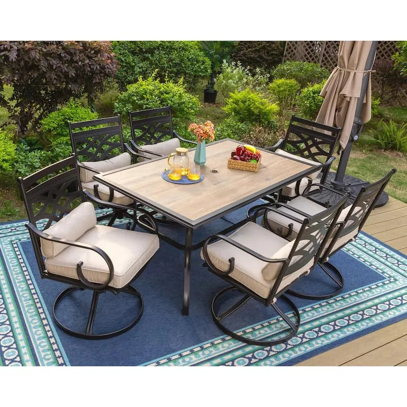 7-elementów Zestaw do jedzenia na świeżym powietrzu 7- Zestaw do jedzenia na świeżym powietrzu Metal Patio Zestaw do jedzenia na zewnątrz z odlewania Żelazo Swivel krzesło z Beżowym poduszki