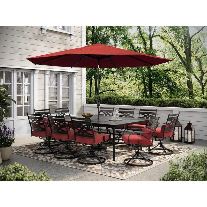 11-elementów Zestaw do obiadu ze stali zewnętrznej 11- elementów, 60x213,4 cm, 10 Rockers Swivel, Stół i Parasol, Montclair, Czerwony