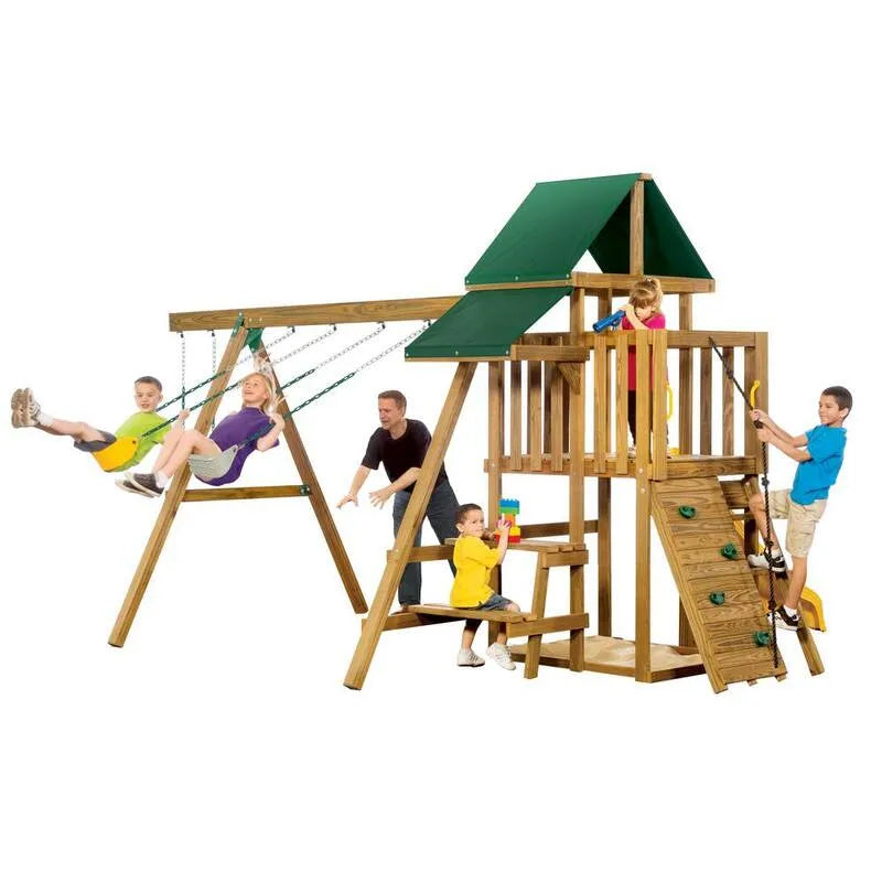 Rozrusznik Drewno do użytku na zewnątrz Playset dla dzieci ze zjeżdżalnią, Swingami i Pierścieniami Siłownia, Ścianą wspinaczkową