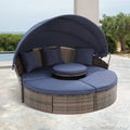 4-elementów Stolik Kawa okrągły Łóżko z windą 4- Kawałek, Na zewnątrz, 4- Kawałek Wiklinowy do użytku na zewnątrz modułowa Set z granatowy poduszki